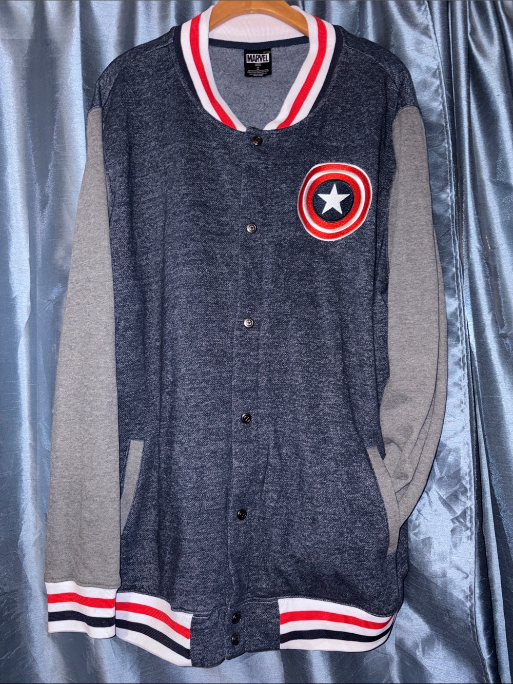 Marvel Men's Navy and Gray Zip-Up Varsity Sweater with Captain Shield Patch